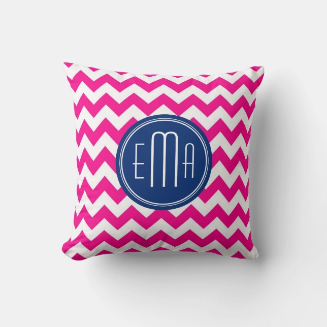 Pink White And Blue Monogram Chevron Pattern Cushion (Front)