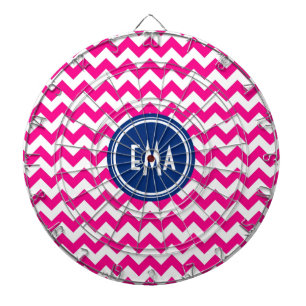 Pink White And Blue Monogram Chevron Pattern Dartboard