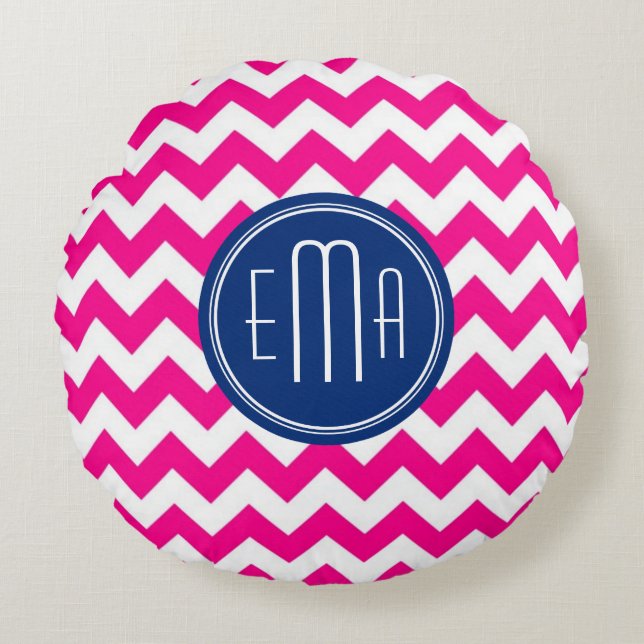 Pink White And Blue Monogram Chevron Pattern Round Cushion (Front)