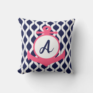 Pink, White, and Blue Nautical Anchor with Initial Cushion