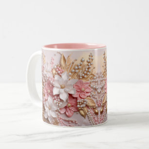 Pink, White, and Gold 3-D Flowers and Berries Mug