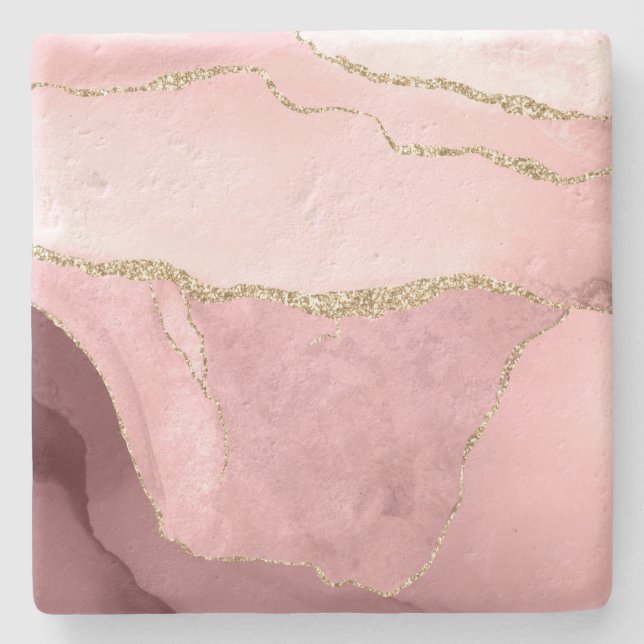 Pink, White, and Gold Faux Agate Stone Coaster (Front)