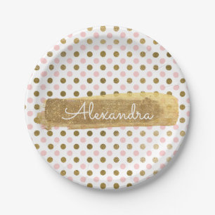 Pink, White and Gold Foil Polka Dot & Stripe Paper Plate