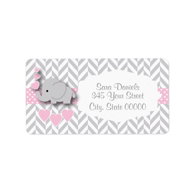 Pink, White and Gray Elephant Baby Shower Label (Front)