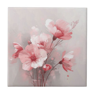 Pink, White, and Gray Florals Ceramic Tile