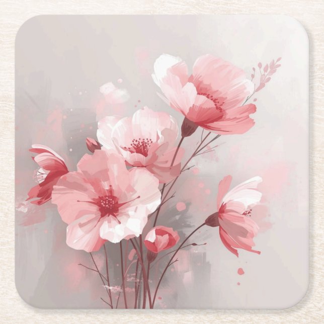 Pink, White, and Gray Foral Square Paper Coaster (Front)