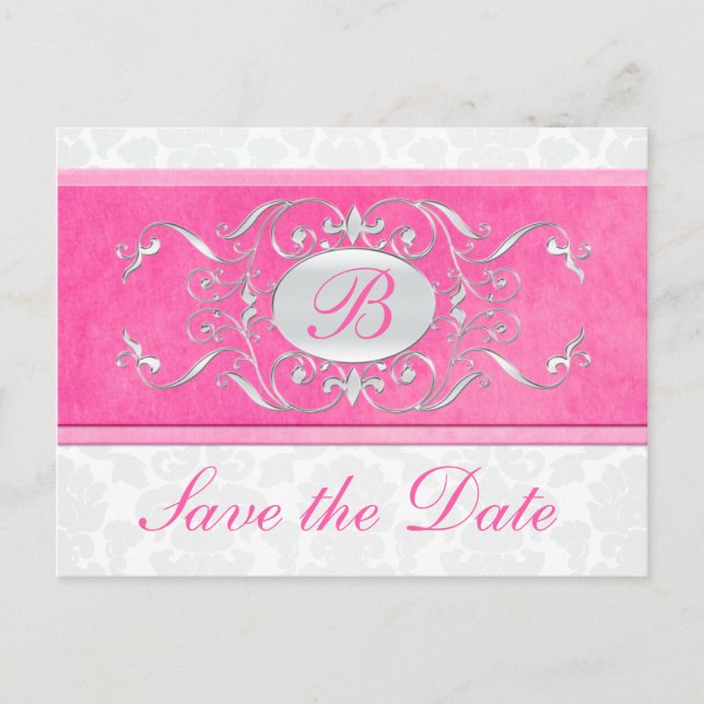 Pink, White, and Grey Damask Save the Date Announcement Postcard (Front)