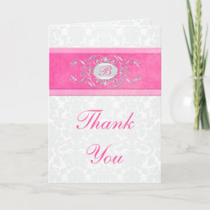 Pink, White, and Grey Damask Thank You Card