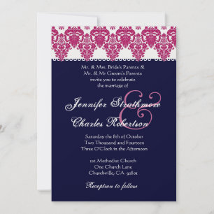 Pink, White and Midnight Damask Wedding Invitation