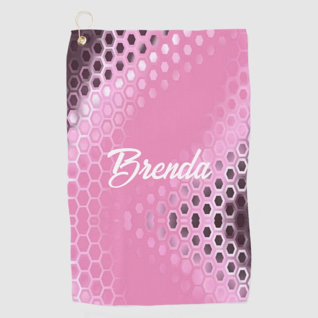 Pink, white and purple gradient hexagon pattern golf towel (Front)