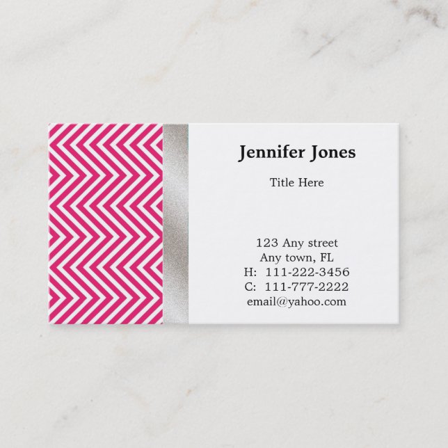 Pink, White, and Silver Chevron Business Card (Front)