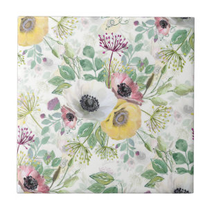 Pink, white and yellow anemones. ceramic tile
