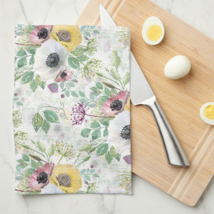 Pink, white and yellow anemones. tea towel