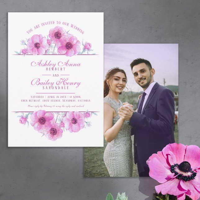 Pink white anemone floral watercolor wedding photo invitation (Creator Uploaded)