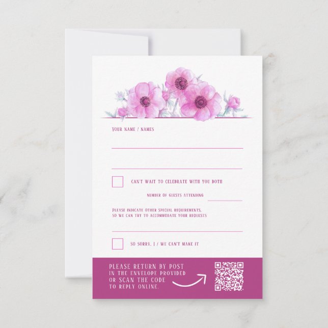 Pink white anemone floral wedding QR reply RSVP  (Back)