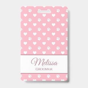 Pink & White Animal Paw Prints and Hearts Monogram ID Badge
