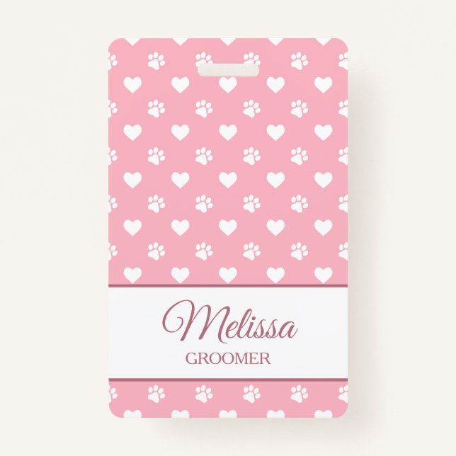 Pink & White Animal Paw Prints and Hearts Monogram ID Badge (Front)