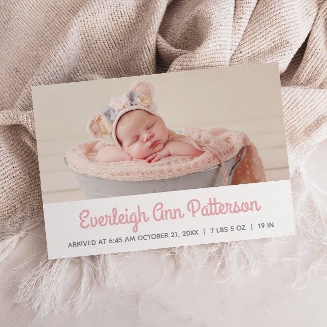 Pink White Baby Girl Custom Photo Retro Birth Announcement (Creator Uploaded)