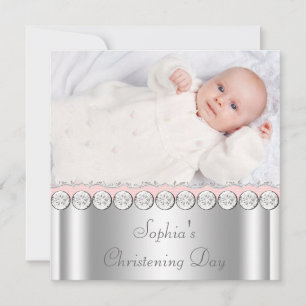 Pink White Baby Girl Photo Christening Invitation