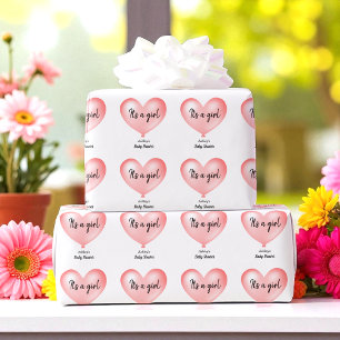 Pink White Baby Shower Balloon Heart Wrapping Paper