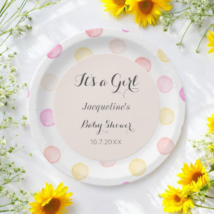 Pink White Baby Shower Watercolor Paper Plate