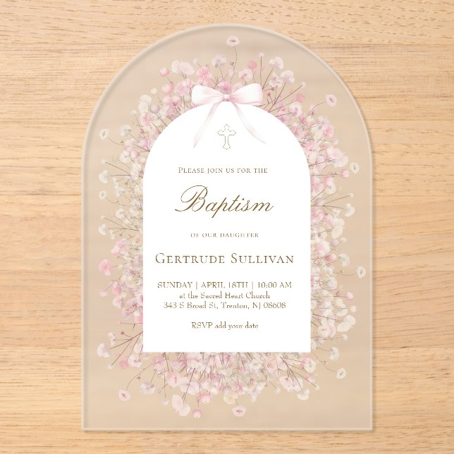 pink white baby's breath flowers Baptism Acrylic Invitations (Front)