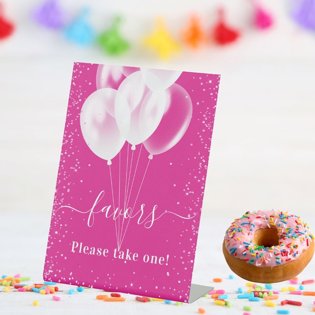 Pink white balloons birthday guest party favours pedestal sign (Creator Uploaded)