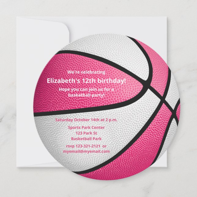 pink white basketball birthday party announcement (Front)
