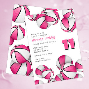 pink white basketballs girls birthday invitation