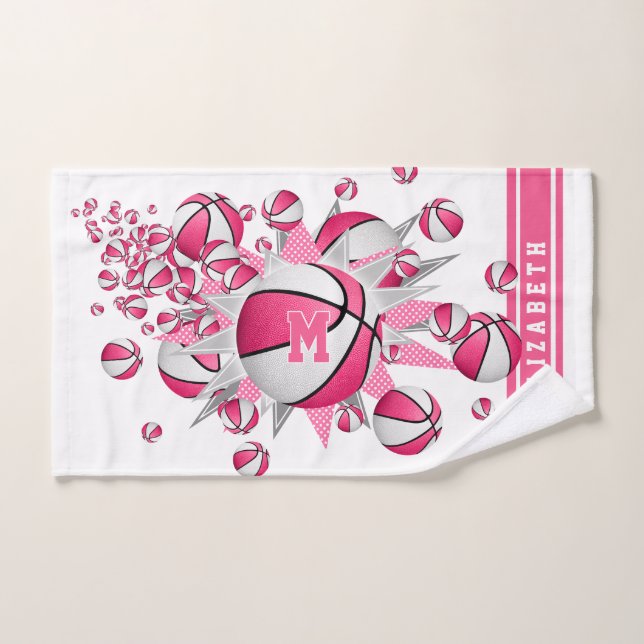 pink white basketballs stars girls monogrammed hand towel (Hand Towel)