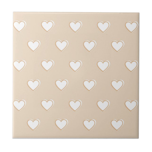 Pink White Beige Cute Simple Heart Pattern Ceramic Tile (Front)
