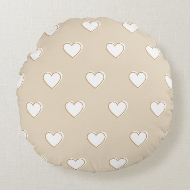 Pink White Beige Cute Simple Heart Pattern Round Cushion (Front)