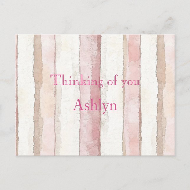 Pink White Beige Stripes Thinking of you Postcard (Front)