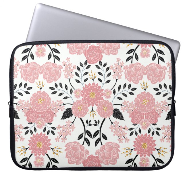 Pink, White, Black, Blue & Yellow Elegant Floral Laptop Sleeve (Front)