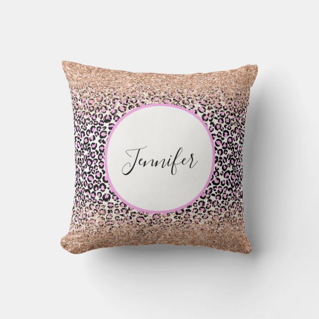 Pink White Black Cheetah Monogram Glitter Cushion (Front)