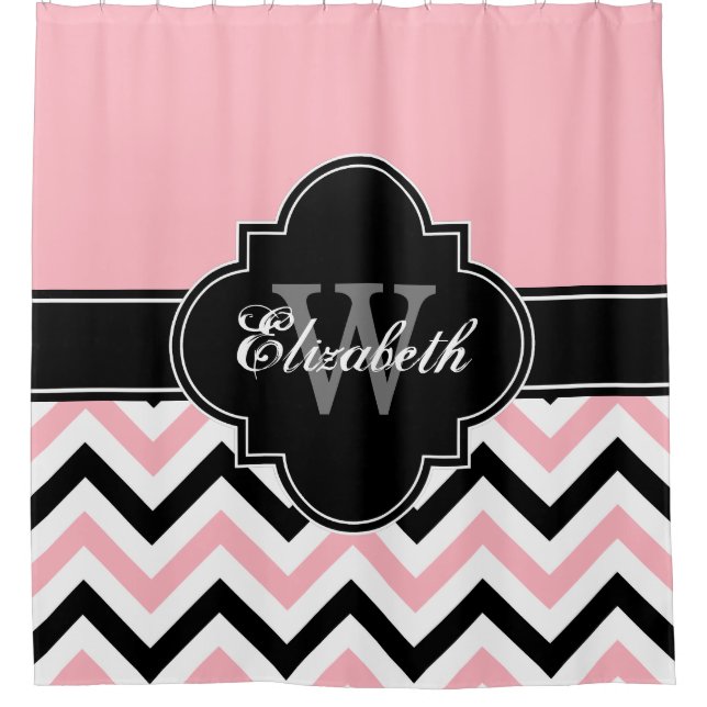 Pink White Black LG Chevron 1ICBR Name Monogram Shower Curtain (Front)