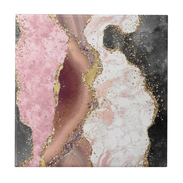 Pink White Black Mauve Gold Glitter Agate Marble Ceramic Tile (Front)