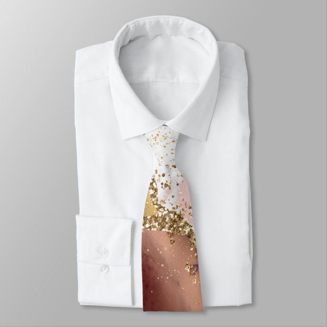 Pink White Black Mauve Gold Glitter Agate Marble Tie (Tied)