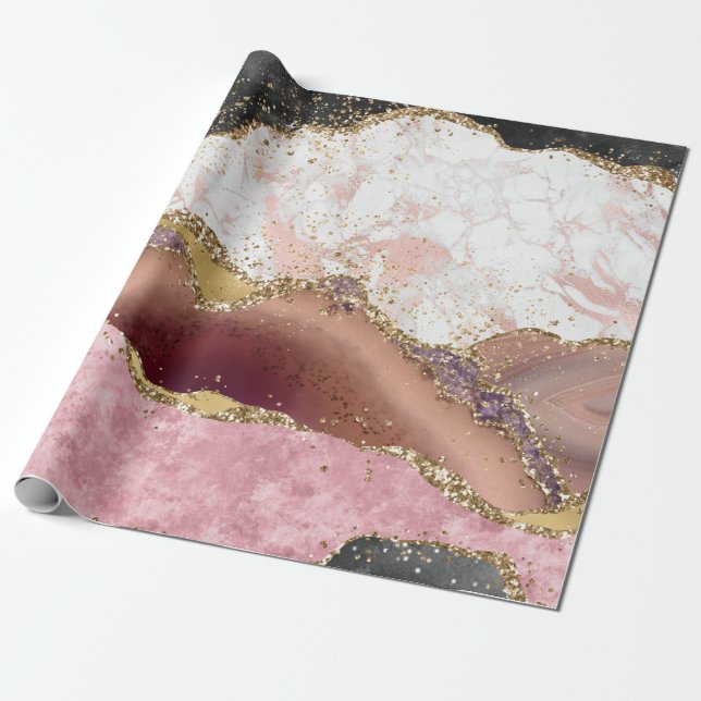 Pink White Black Mauve Gold Glitter Agate Marble Wrapping Paper (Unrolled)