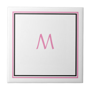 Pink White Black Monogram Initial Custom Name Gift Ceramic Tile