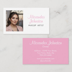 Pink White & Black Script Makeup Photo Personalise Business Card