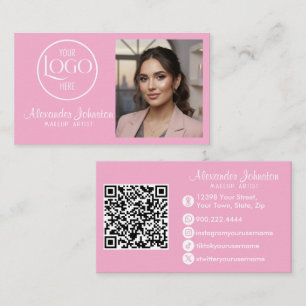 Pink White & Black Script Makeup Photo Personalise Business Card