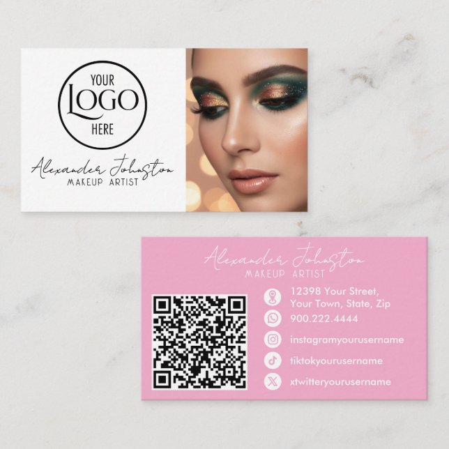Pink White & Black Script Makeup Photo Personalize Business Card (Front/Back)