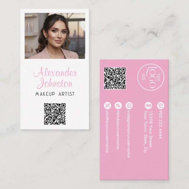 Pink White & Black Script Makeup Photo Personalize Business Card (Front/Back)