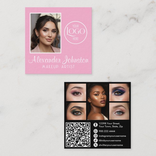 Pink White & Black Script Makeup Photo Personalize Square Business Card (Front/Back)