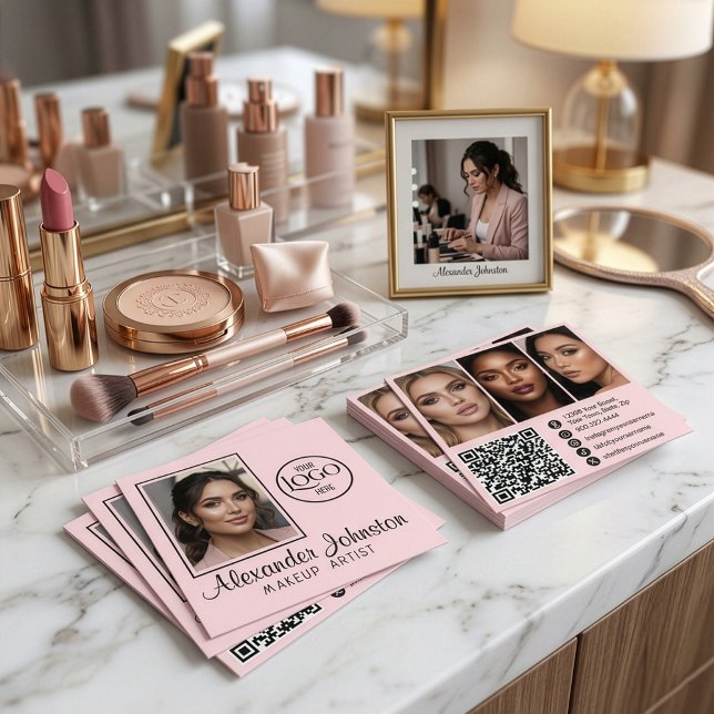Pink White & Black Script Makeup Photo Personalize Square Business Card (Blush Pink and Black Script QR Code Social Makeup Photo Square Business Card)