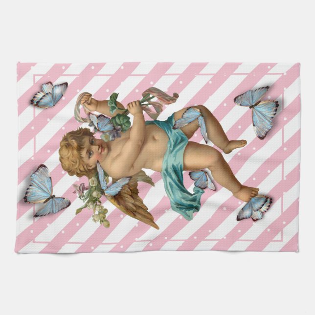 Pink White Blue Cherub Butterfly Kitchen Tea Towel (Horizontal)