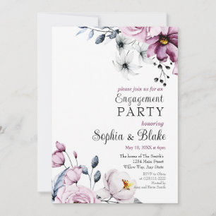 Pink, White & Blue Floral White Engagement Party Invitation