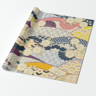 Pink White Blue Japanese Kimono Floral Decoupage Wrapping Paper