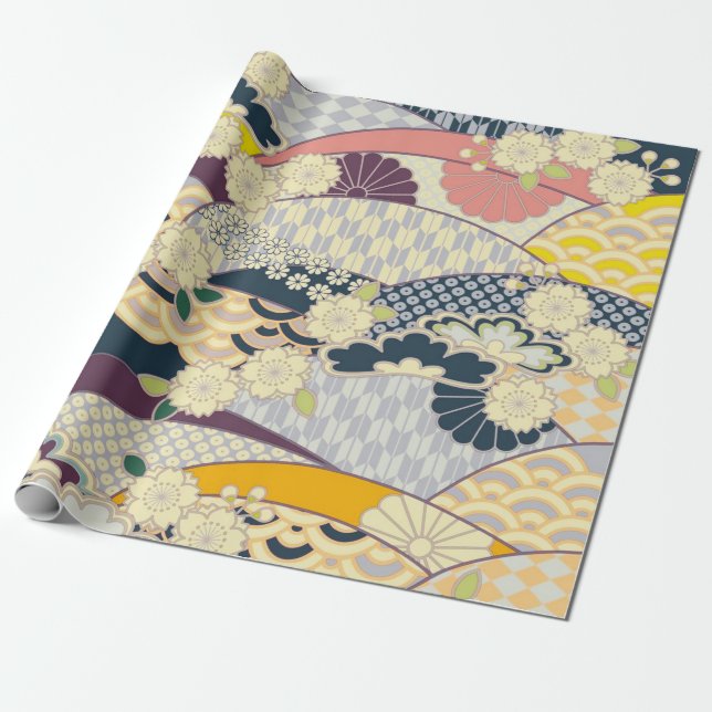 Pink White Blue Japanese Kimono Floral Decoupage  Wrapping Paper (Unrolled)